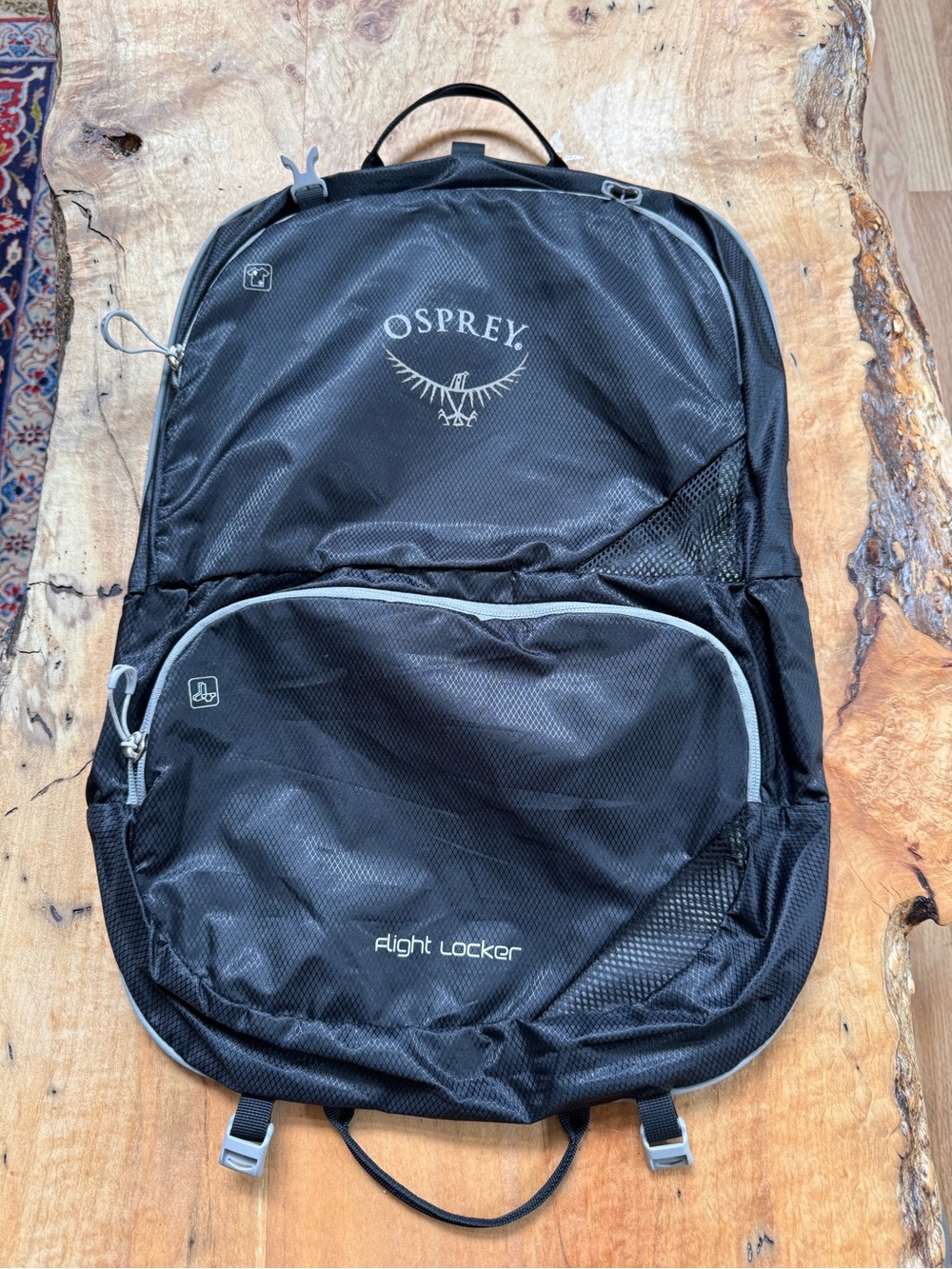 OSPREY Black Flight Locker Travel Pack with Gray Trim and Zippered Compartments